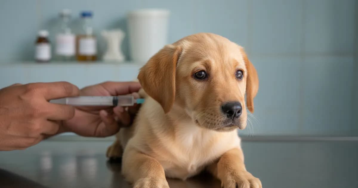 Close-up of a Labrador puppy getting a vaccination — syringe visible near the scruff, puppy looking sideways with wide