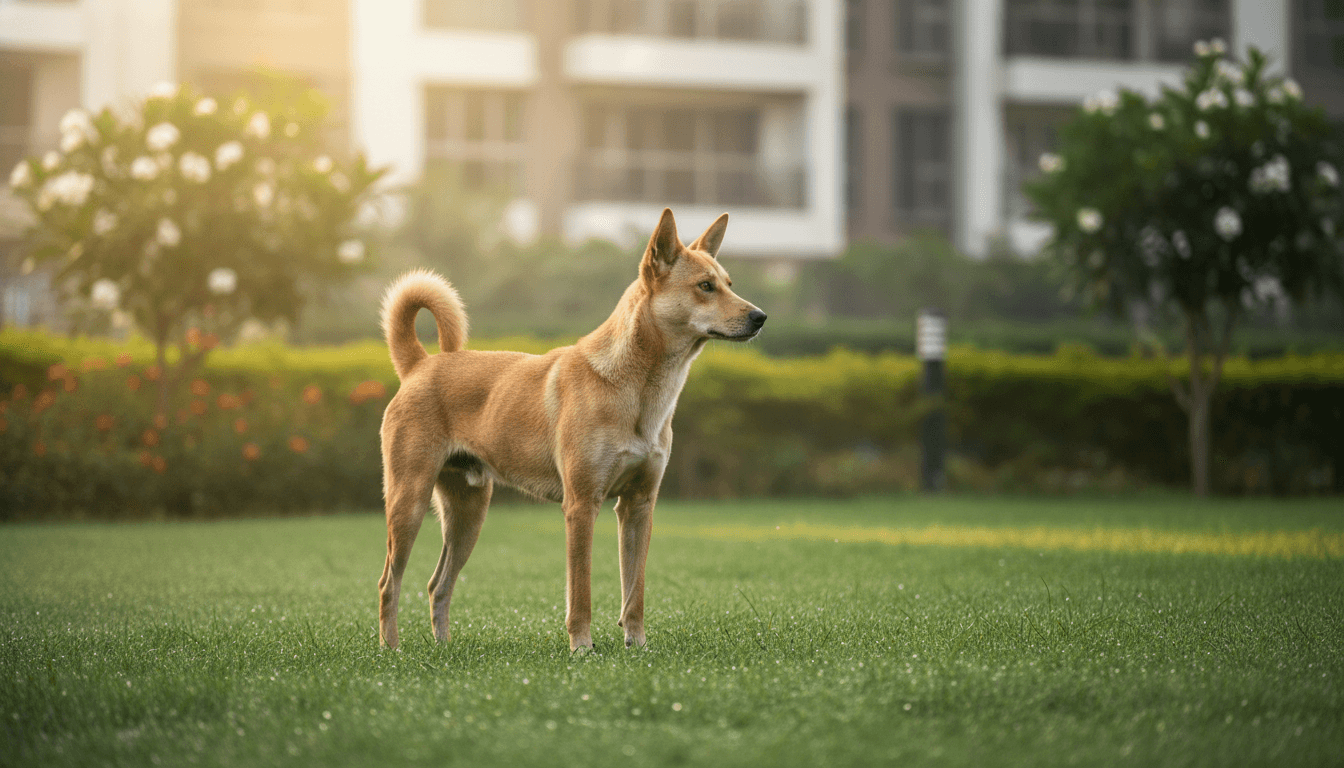 Indian Pariah dog breed standing on lawn near apartment India