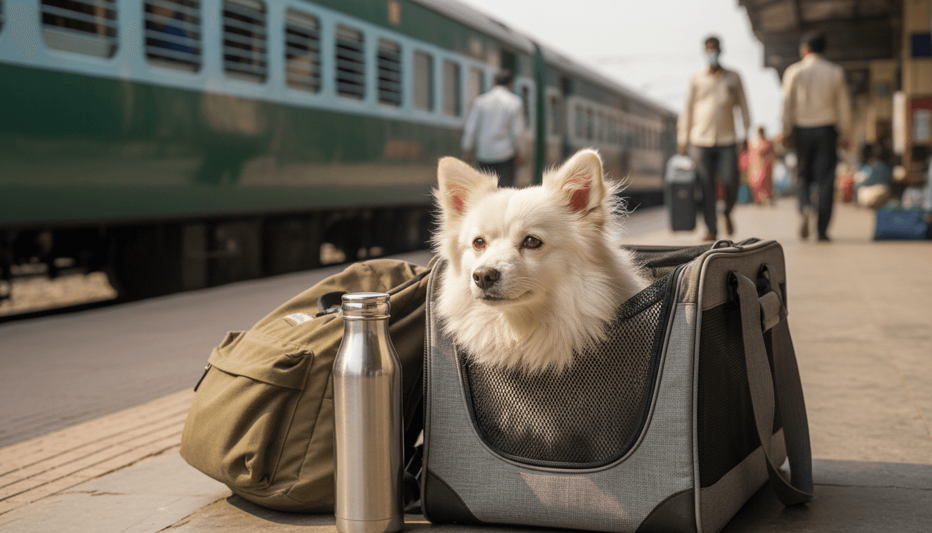 Pomeranian in pet carrier bag at Indian railway station platform