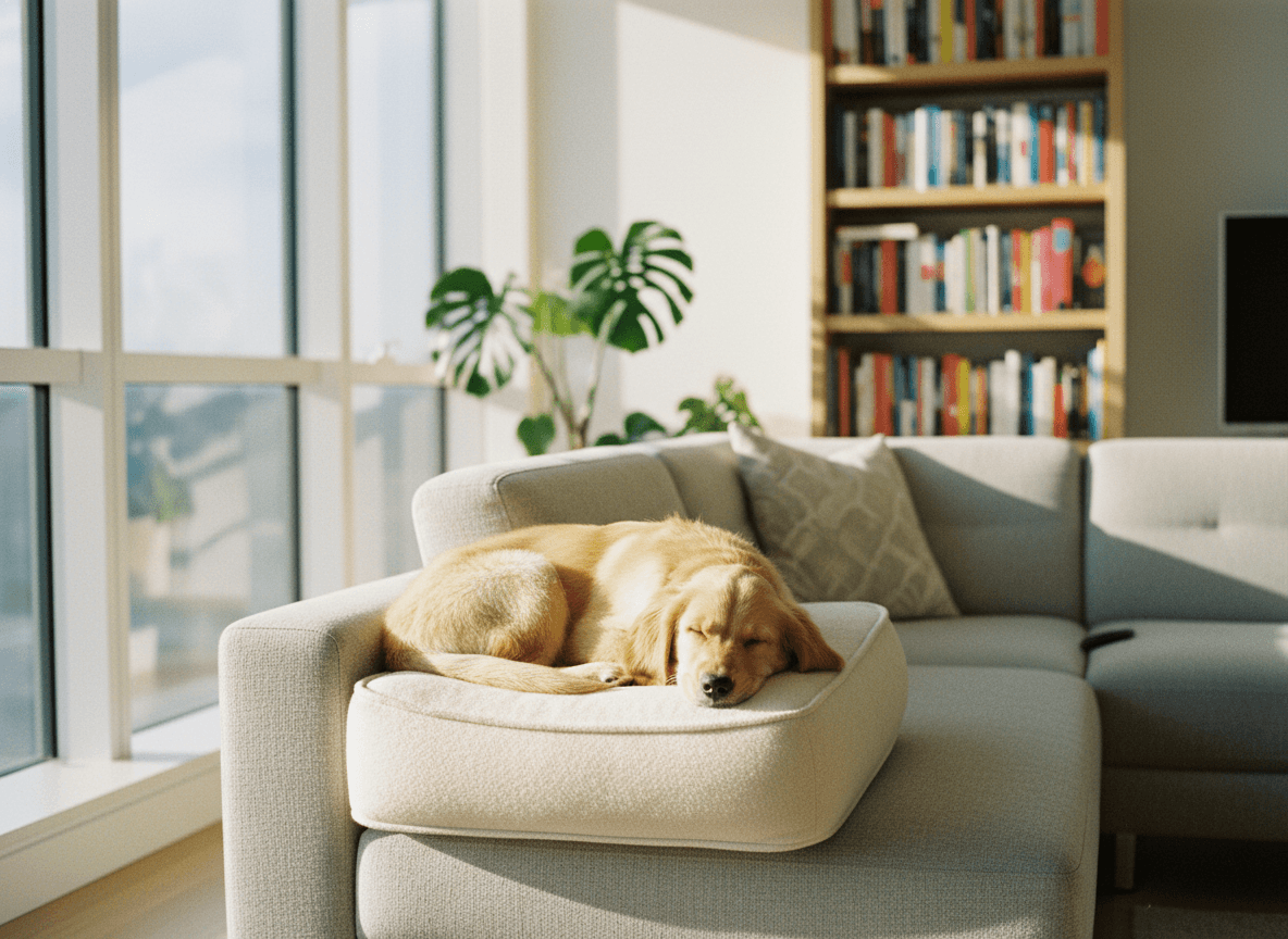 Labrador resting on cozy sofa bed in bright Indian apartment
