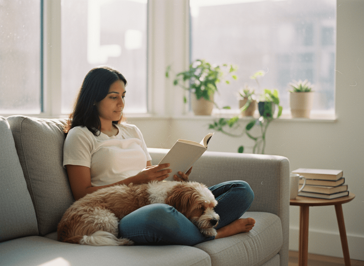 Indian woman reading with Cocker Spaniel on lap in apartment