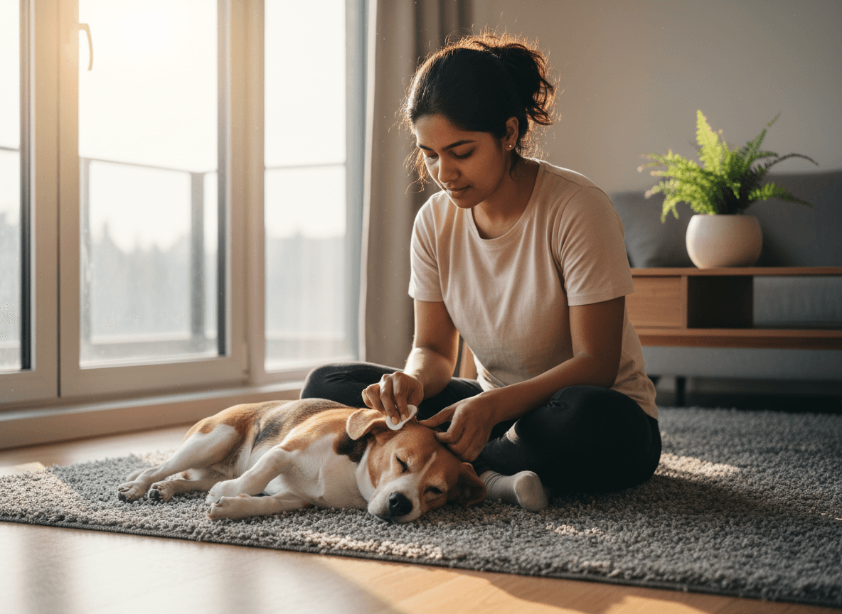 Indian woman checking Beagle health at home on sunny floor