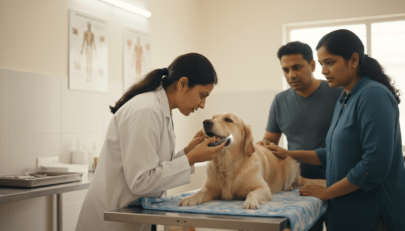 Indian vet checking Golden Retriever teeth at veterinary clinic