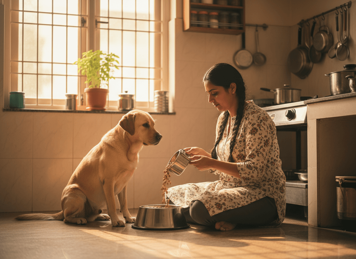 Indian woman serving dog food to Labrador in traditional kitchen