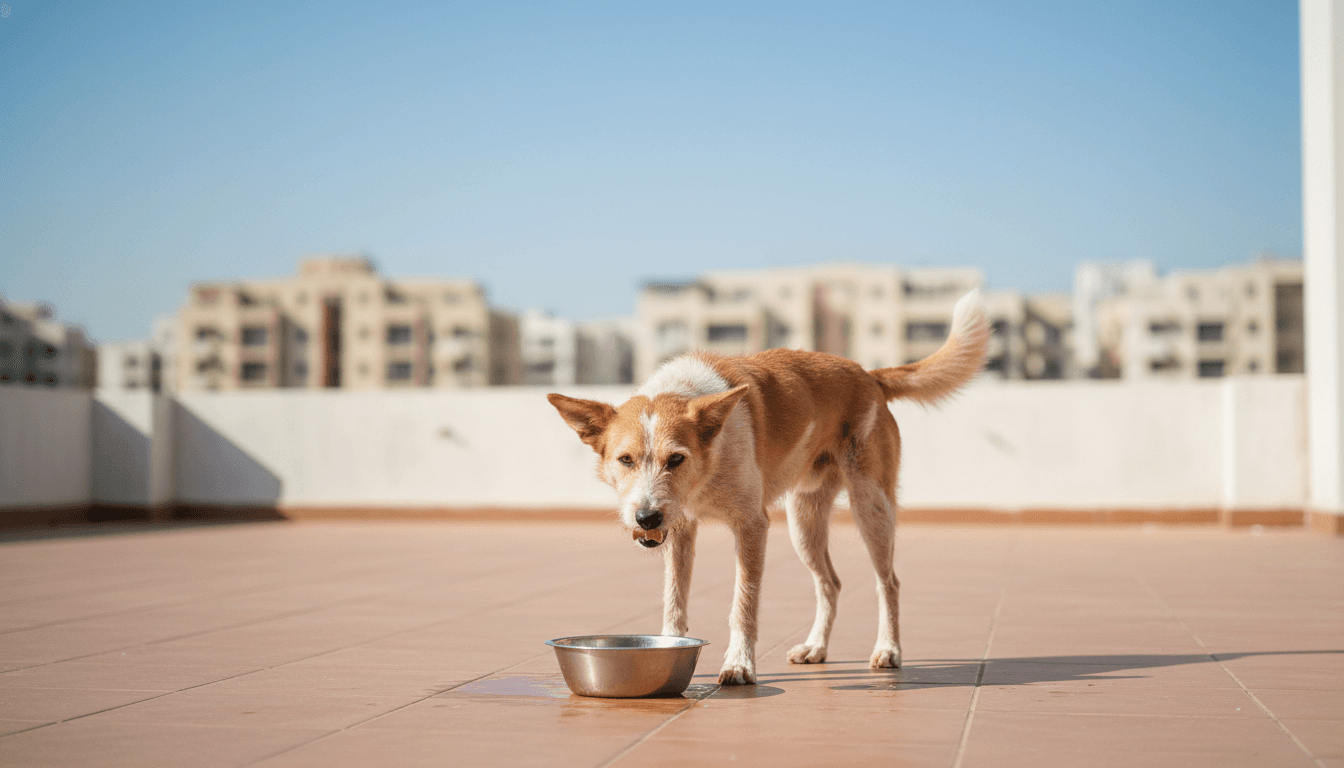 Indian dog eating from steel bowl on rooftop terrace India