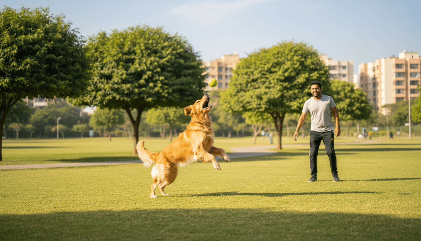Golden Retriever jumping in training session in Indian park
