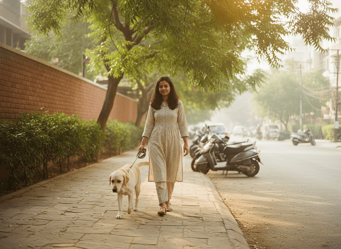 Woman walking Labrador on leash on Indian city street morning