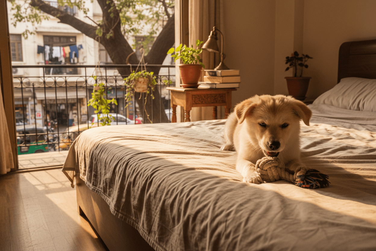 An Indie dog puppy resting on a bed in a sunny Indian apartment bedroom