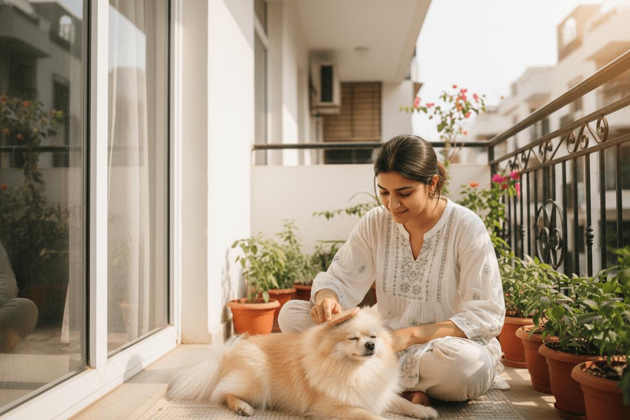 An Indian woman grooming a Pomeranian on a sunny apartment balcony