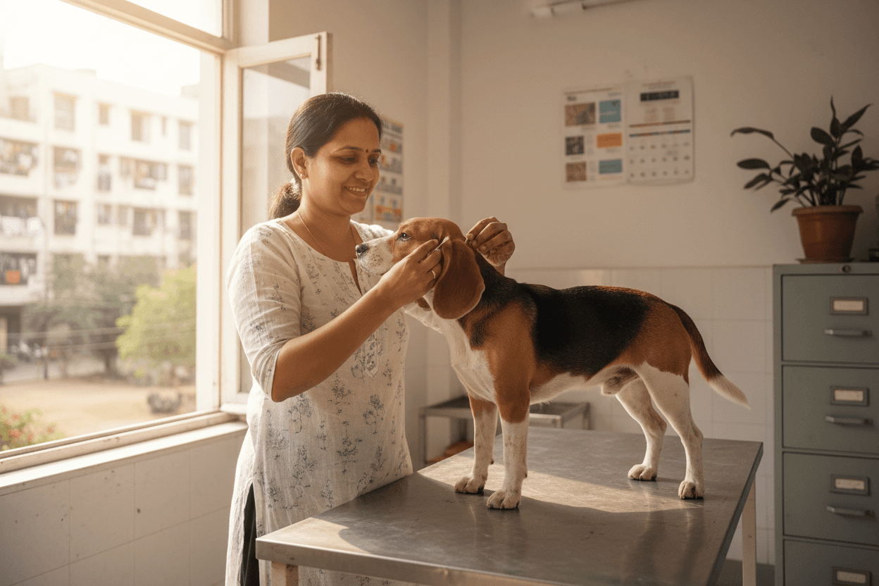 An Indian woman veterinarian examining a Beagle at a vet clinic