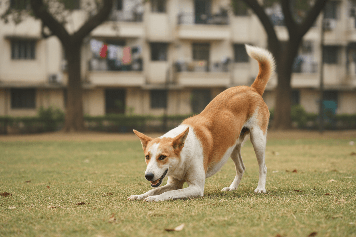 A Indie/street dog in a play bow position on grass, inviting play