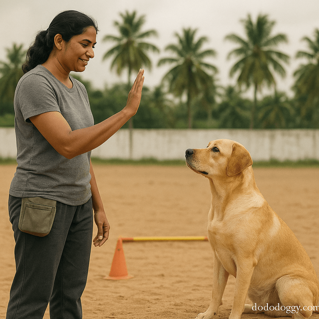 Pet owner and dog in a housing society garden in India with a clear waste bag and leash visible