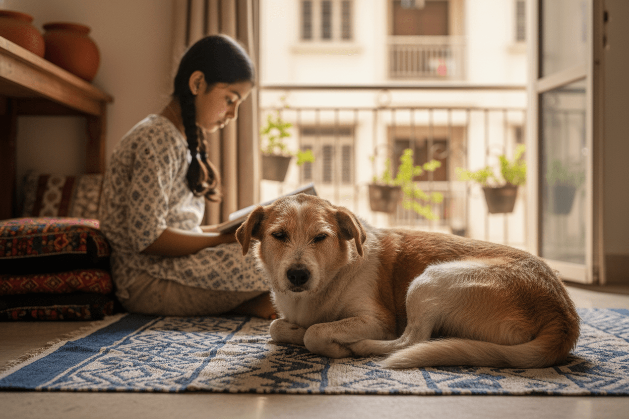 Dog wearing Elizabethan collar during post-operative recovery in an Indian home during monsoon season