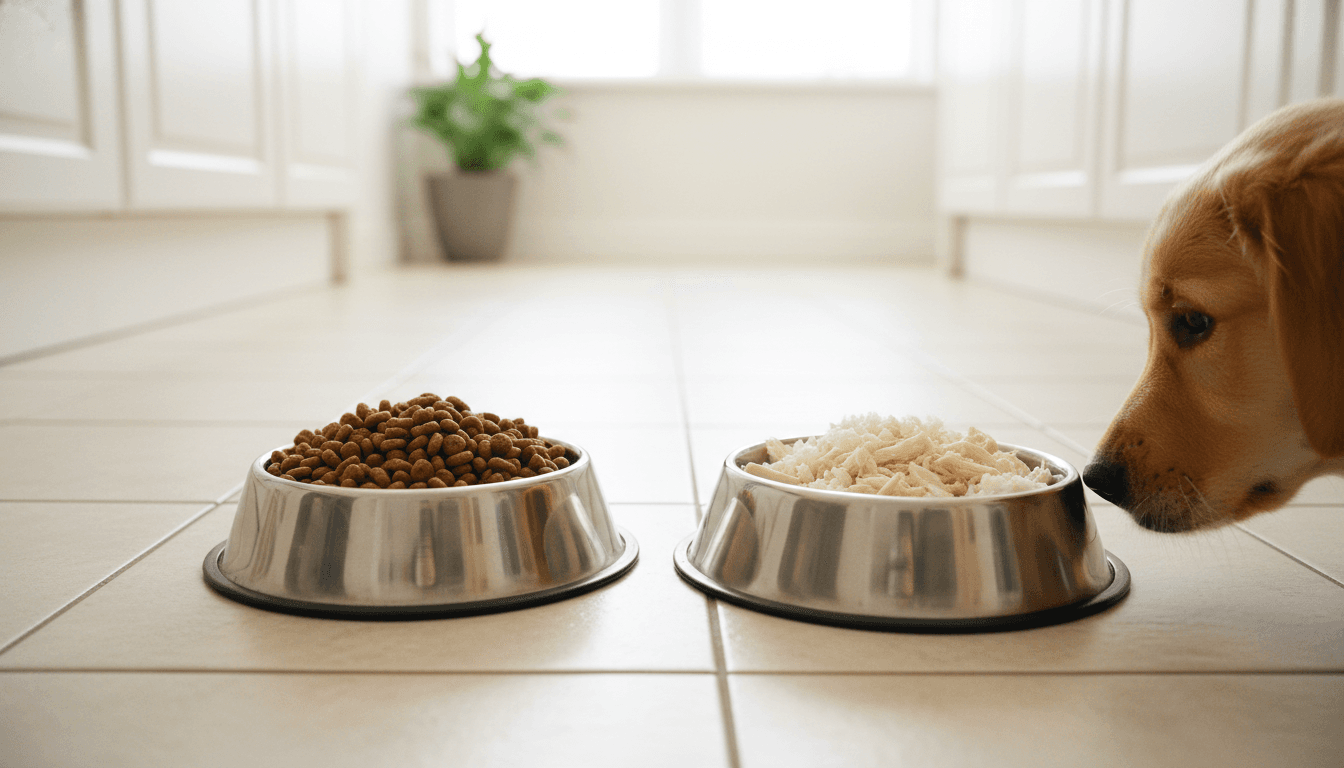 Dog eating from a bowl filled with premium dry kibble in an Indian home setting