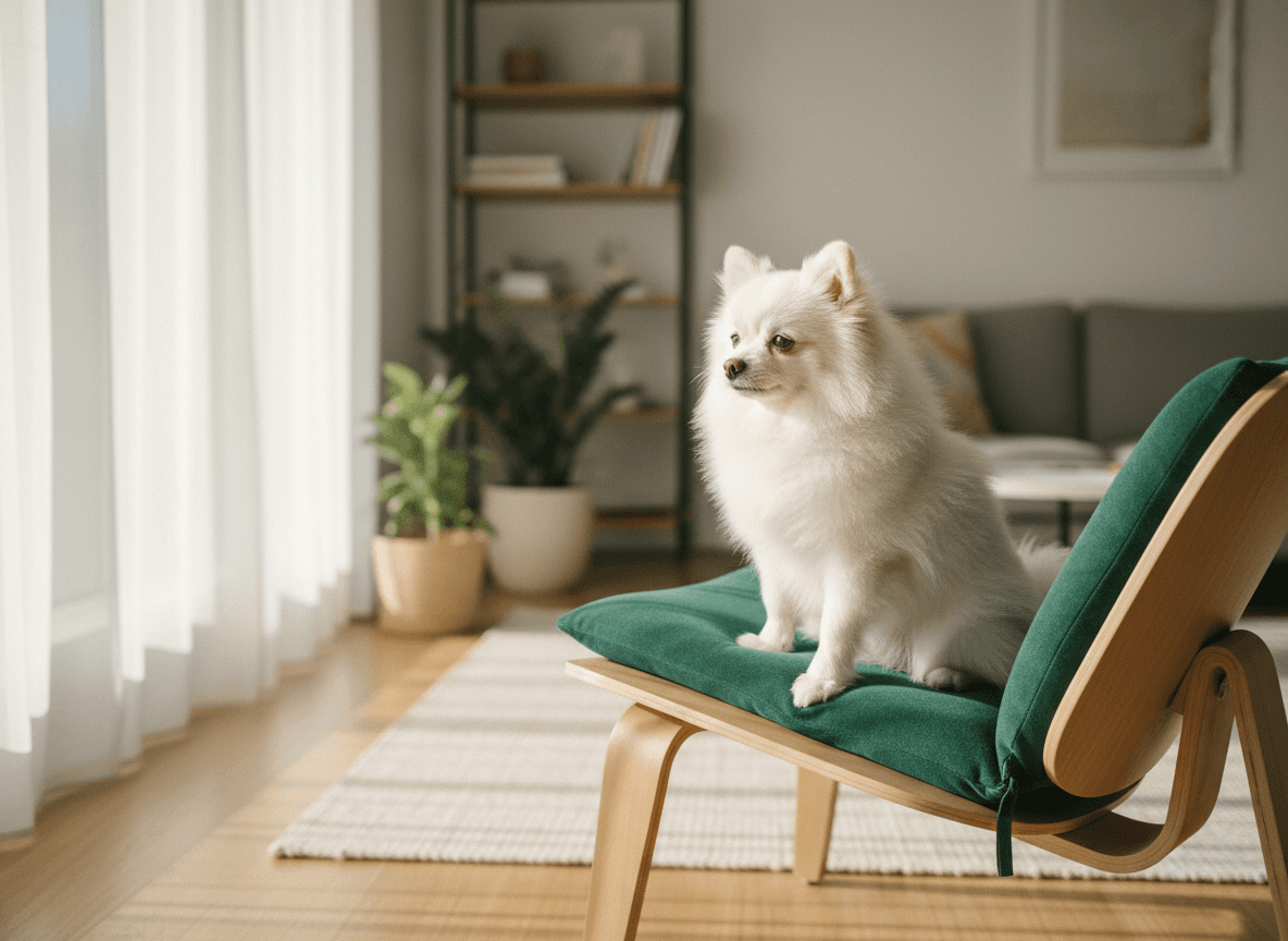 Dog owner waiting with leash at apartment elevator with a young Labrador puppy sitting calmly beside them