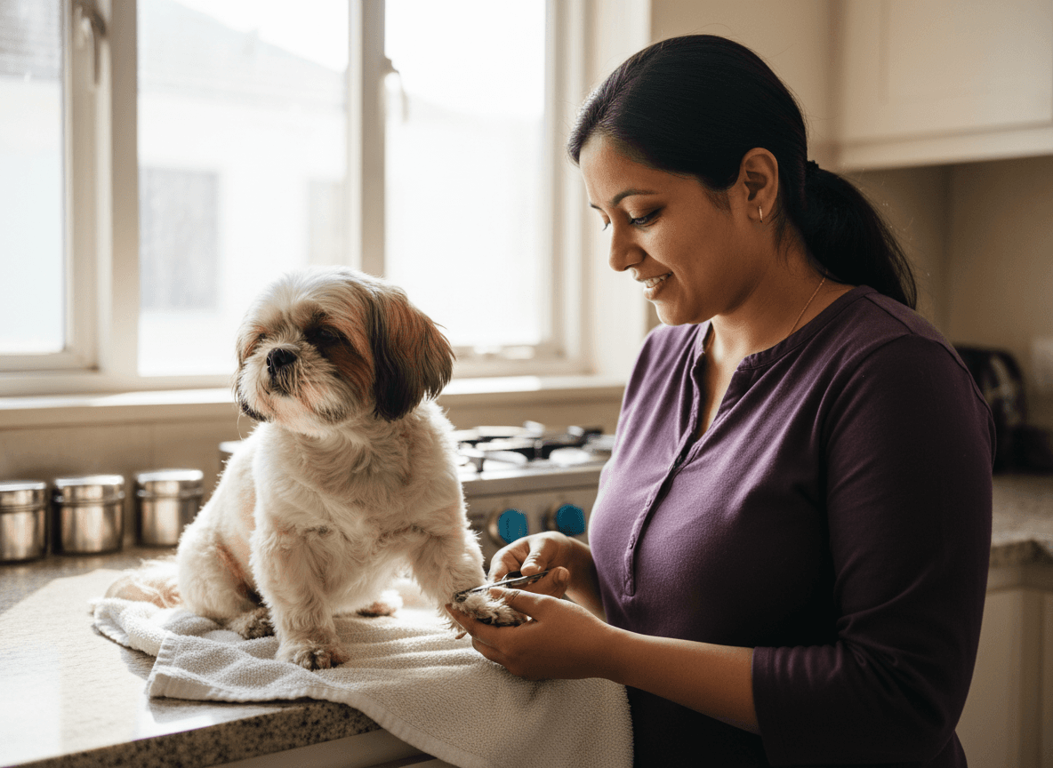 A freshly groomed fawn pug wearing a blue bone-patterned bandana sits on a grooming table in a pet salon, looking directly at the camera with a calm expression.