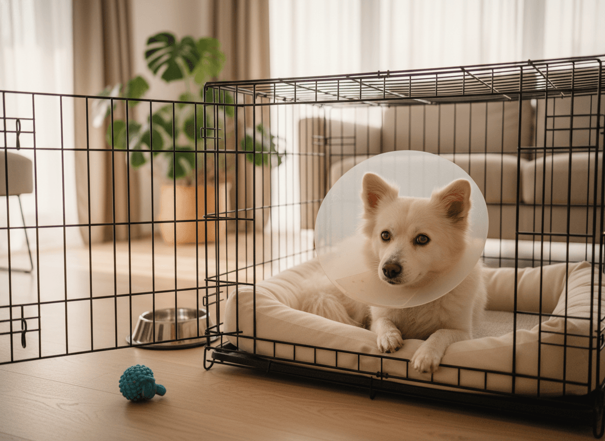 White Spitz recovering in crate with cone after treatment India
