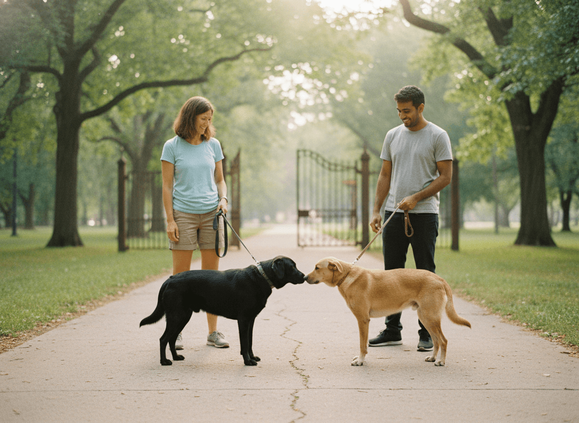 Dogs socializing on leash during training walk in Indian park
